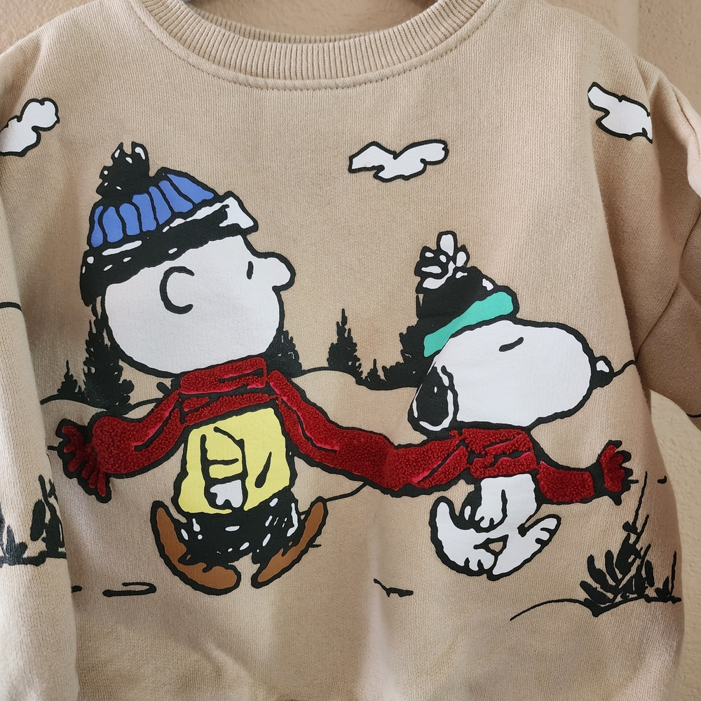 Peanuts Tan Crewneck Sweater with Graphic Design